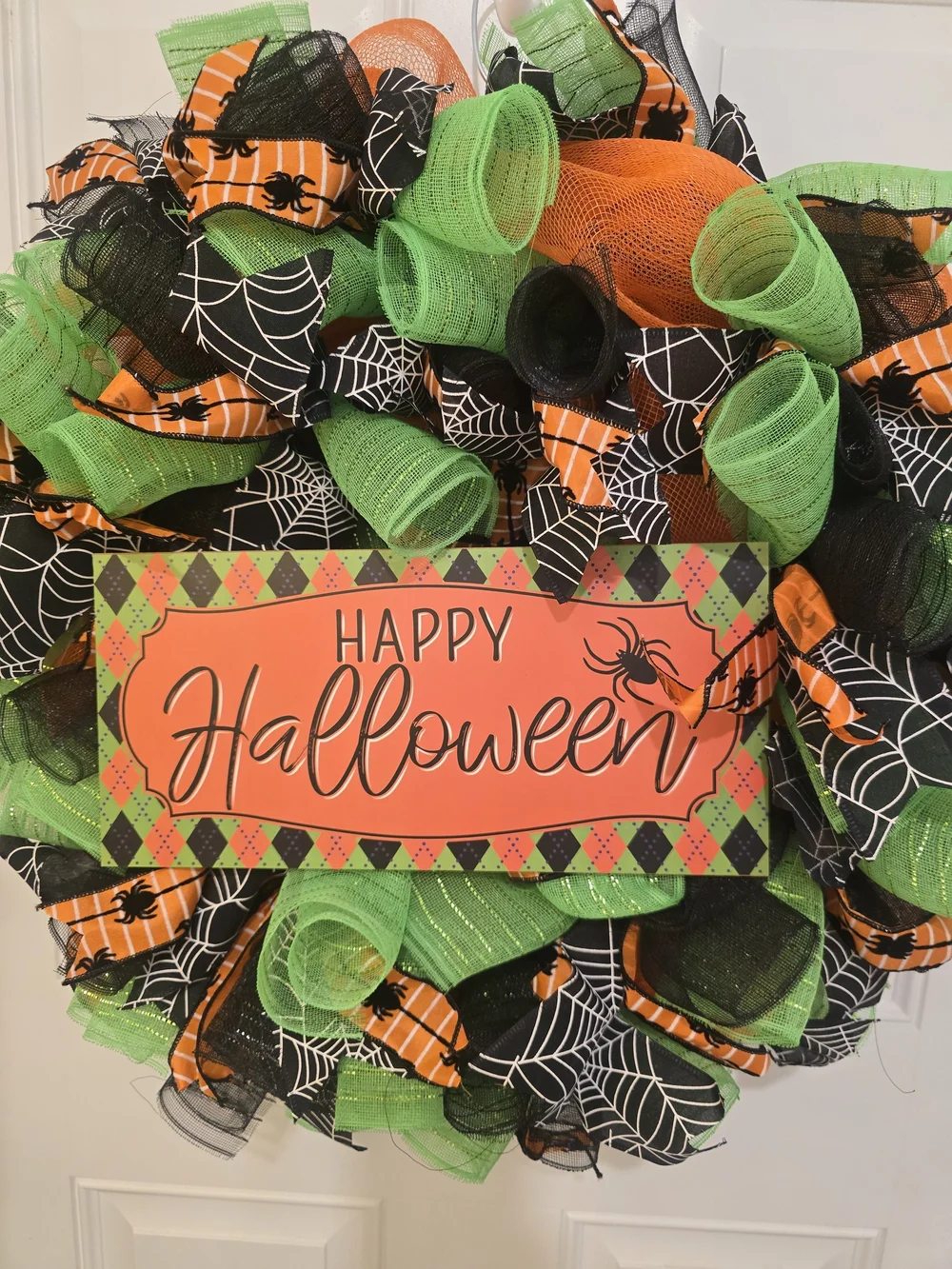 Happy Halloween Spider Web Deco Mesh Wreath - Orange & Green